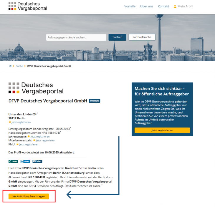 Screenshot Verknüpfungsanfrage DTVP Bieterverzeichnis