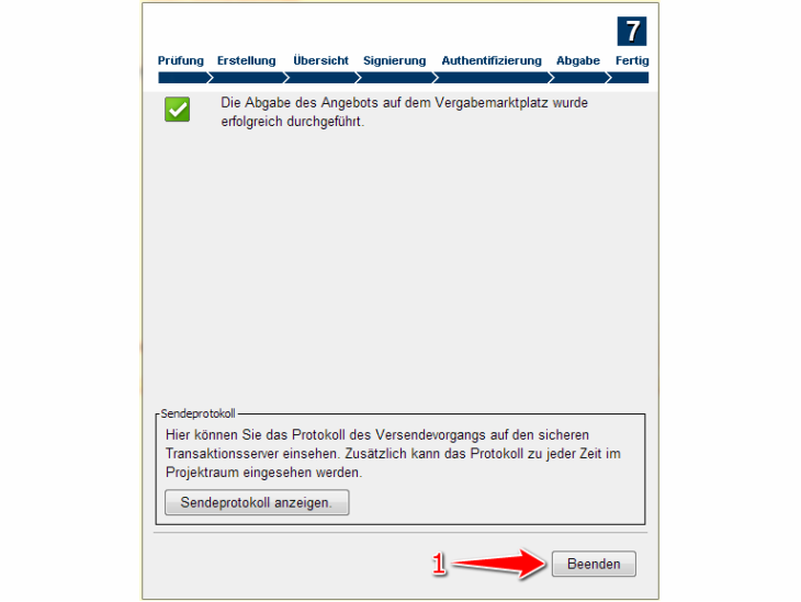 Screenshot: Angebotsabgabe / Abgabe von Teilnahmeanträge mit Fortgeschrittener Signatur